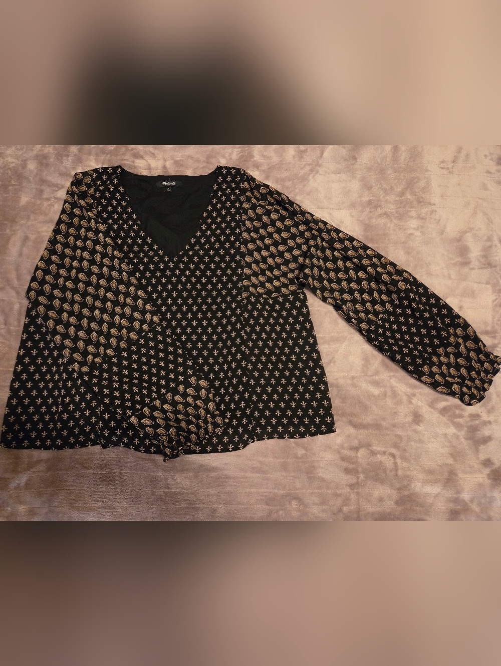 Madewell Black Printed V-Neck Blouse with Taupe Paisley Motif